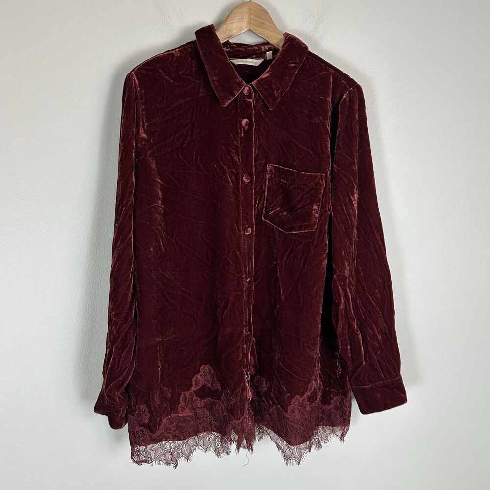 Soft Surroundings Shirt Womens XL Red Velvet Lace Button Up Front Tunic Top